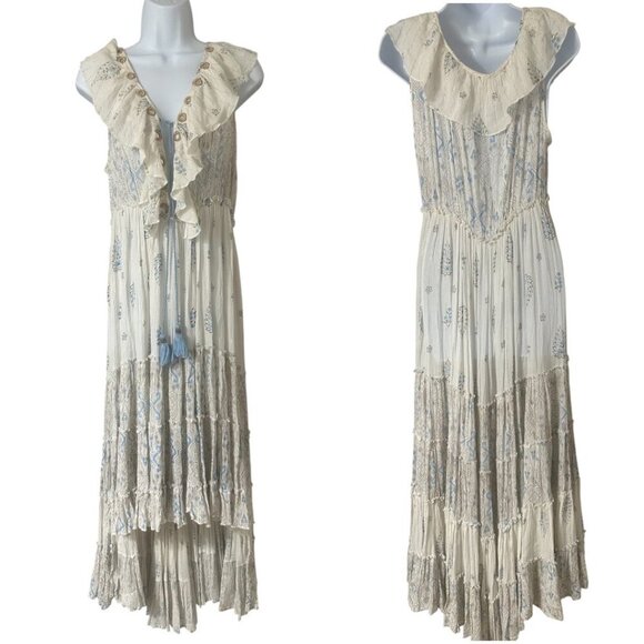 Ranees Empire Metallic Embellished Tiered High Low Maxi Dress L Resortwear Boho - Picture 1 of 15